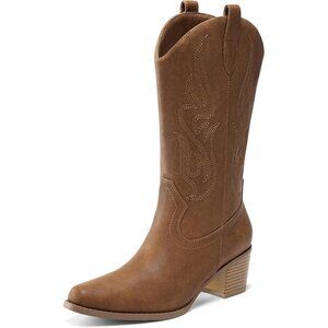 Women's Tan Faux Suede Square Toe Cowboy Mid Calf Western Boots 15 Inches